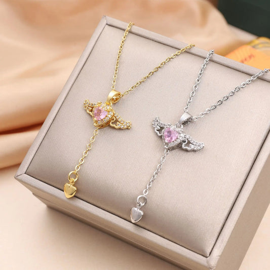 Stainless Steel Gold Color Cupid Angel's Wings Pendant Necklace For Women