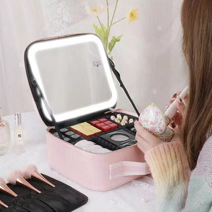 New LED Lighted Cosmetic Case with Mirror Waterproof PU Leather Portable Travel Makeup Storage Bags